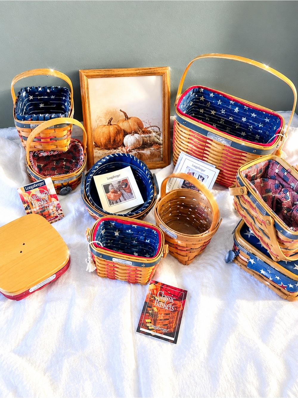 Longaberger Red, Blue & Natural Americana Woven Basket Set. Includes 9 pieces
